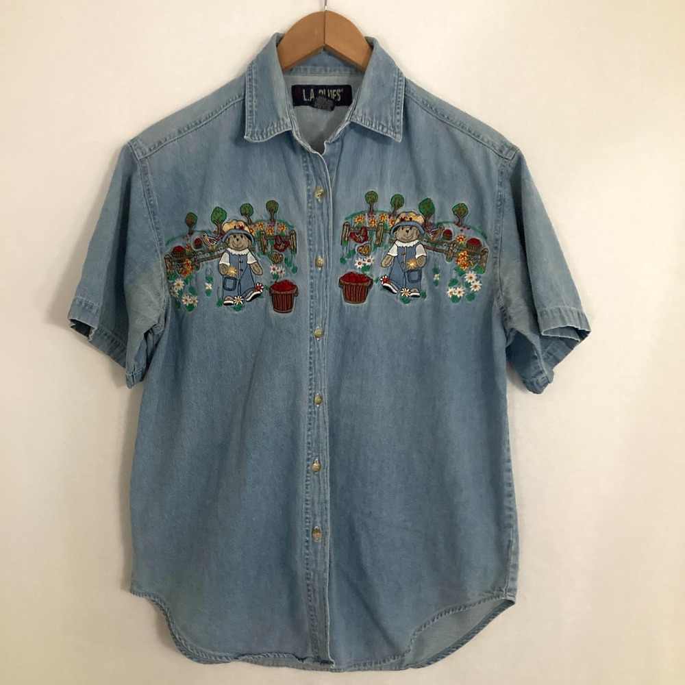 Vtg LA Blues Bears Shirt Womens Size Small Chambray Denim Embroidered Farm Apple